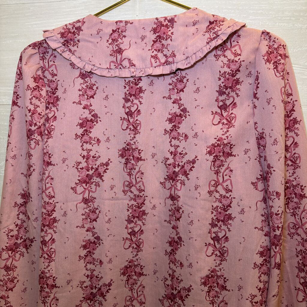 Pink Floral Bow Print Long Sleeve Top Small