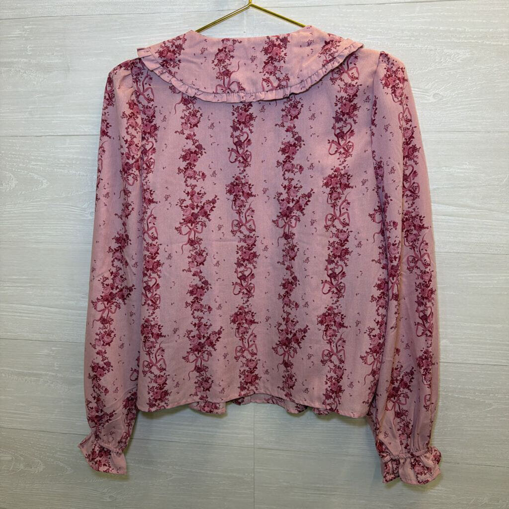 Pink Floral Bow Print Long Sleeve Top Small