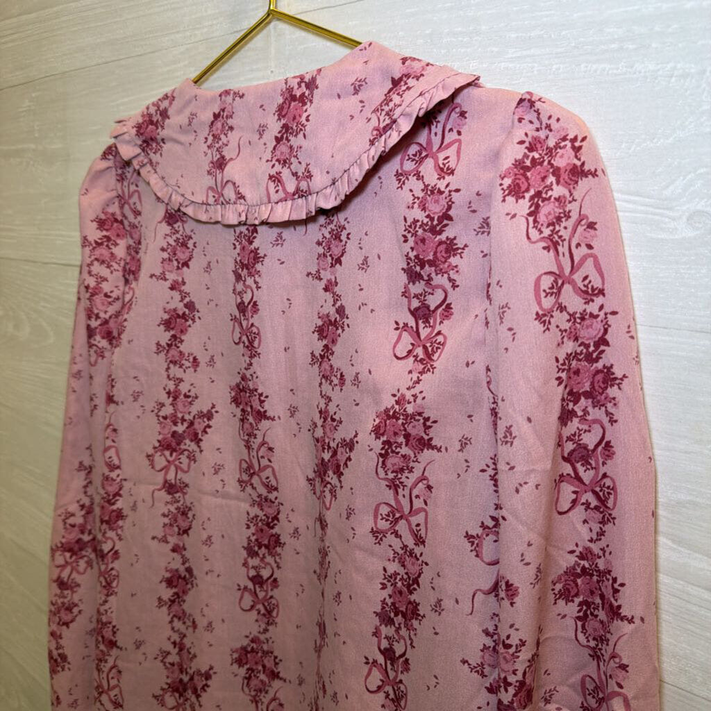Pink Floral Bow Print Long Sleeve Top Small