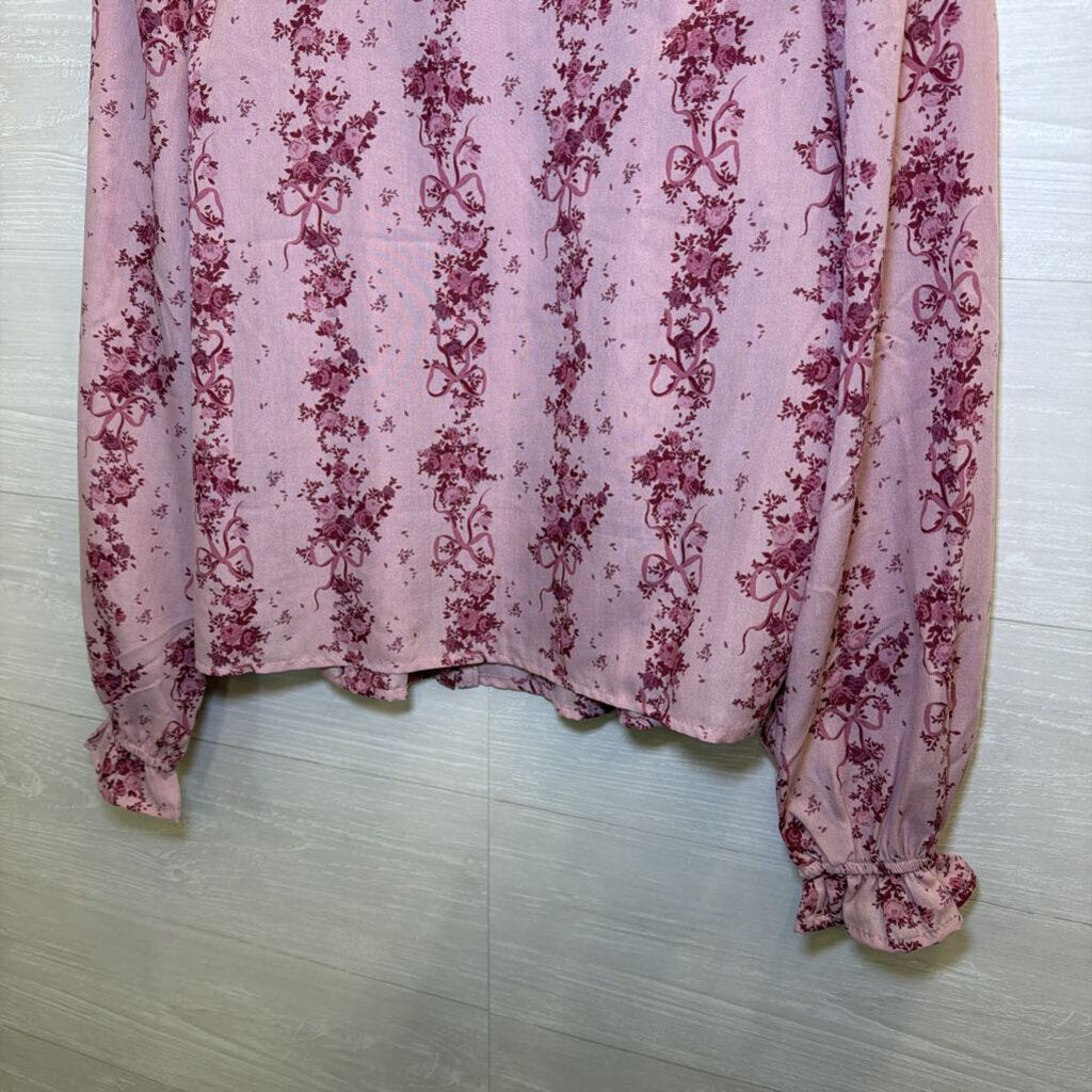 Pink Floral Bow Print Long Sleeve Top Small