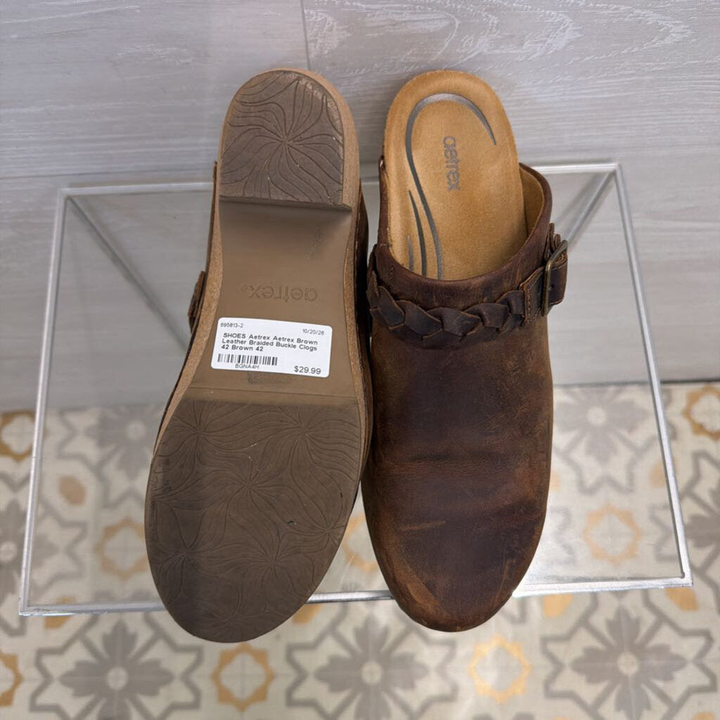 Aetrex Brown Leather Braided Buckle Clogs 42