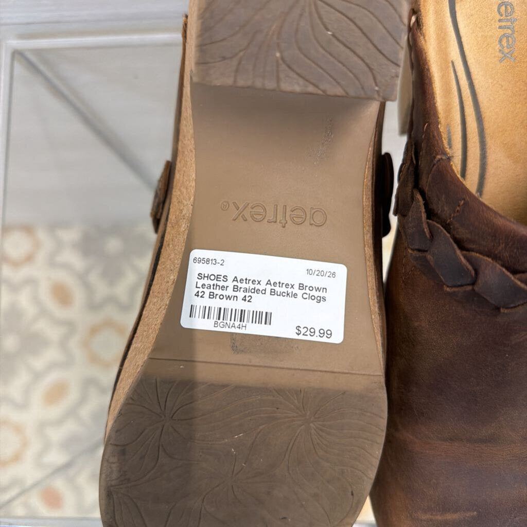 Aetrex Brown Leather Braided Buckle Clogs 42