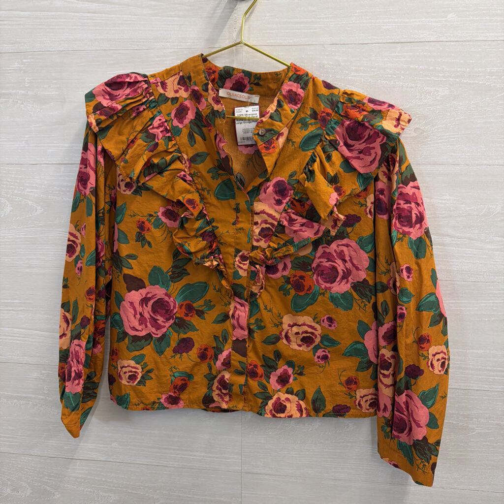 Orange/Pink Floral Ruffle Long Sleeve Large