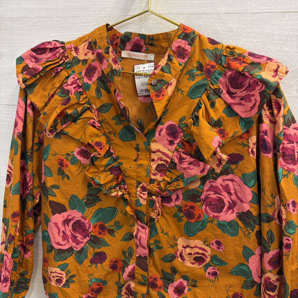 Orange/Pink Floral Ruffle Long Sleeve Large