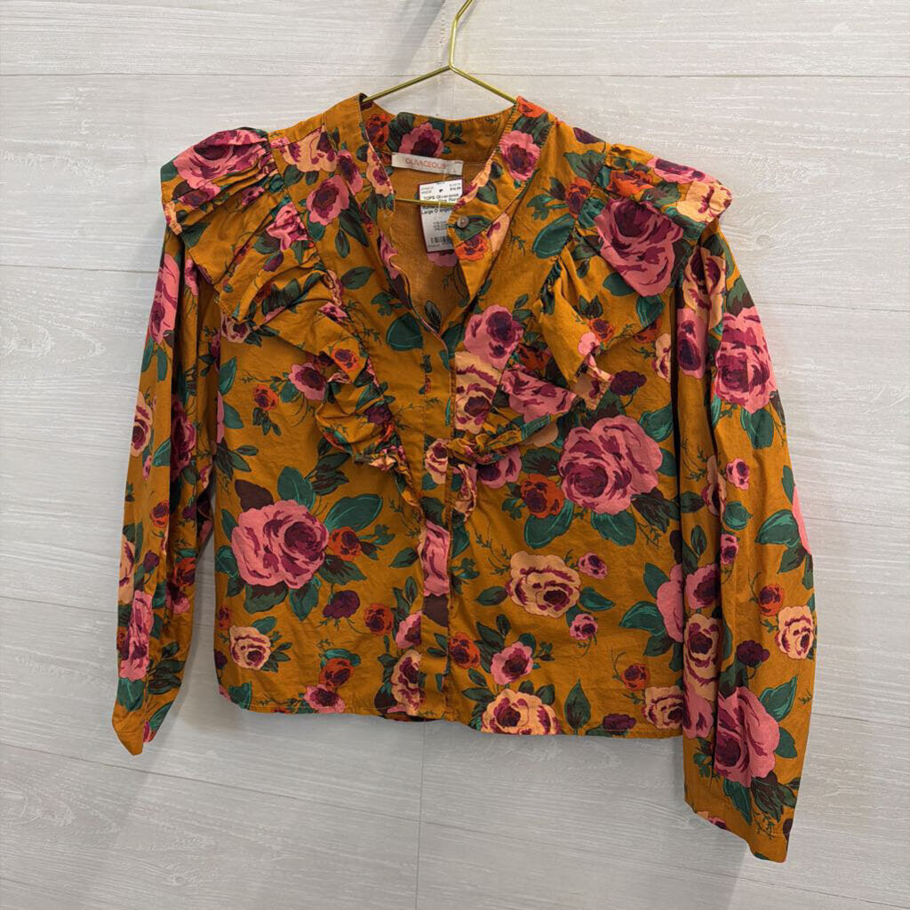 Orange/Pink Floral Ruffle Long Sleeve Large