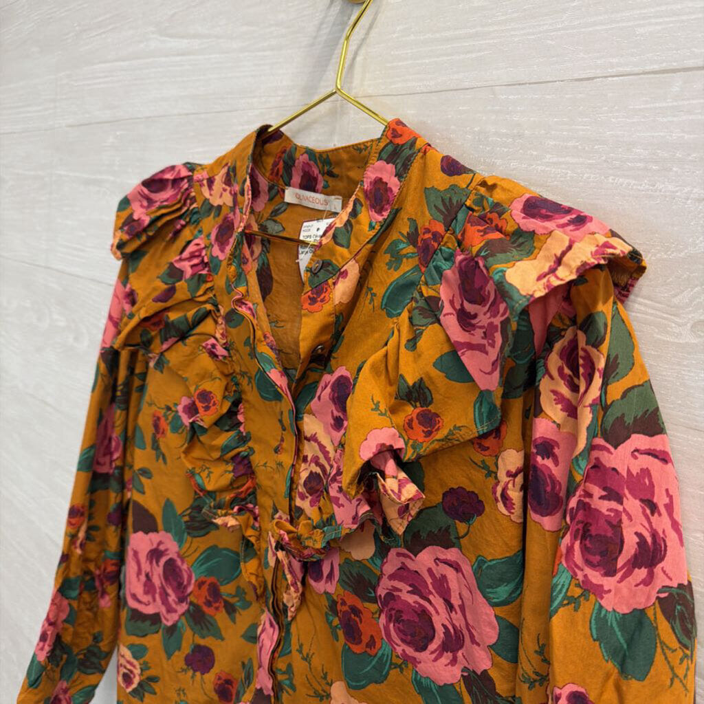 Orange/Pink Floral Ruffle Long Sleeve Large