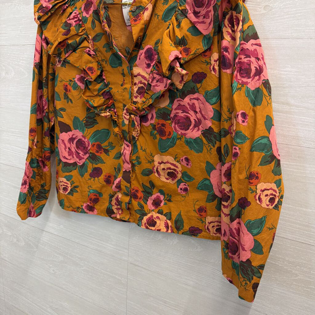 Orange/Pink Floral Ruffle Long Sleeve Large
