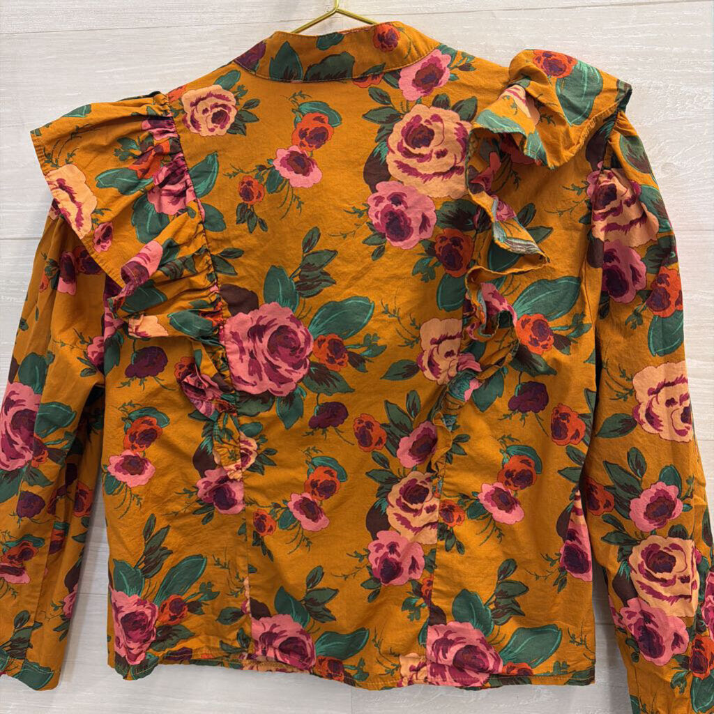Orange/Pink Floral Ruffle Long Sleeve Large