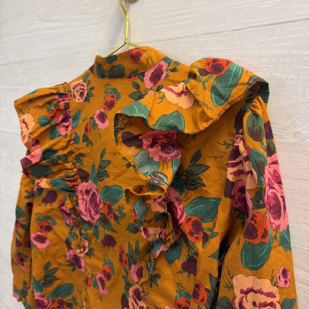 Orange/Pink Floral Ruffle Long Sleeve Large