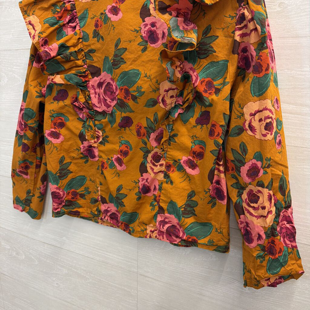 Orange/Pink Floral Ruffle Long Sleeve Large