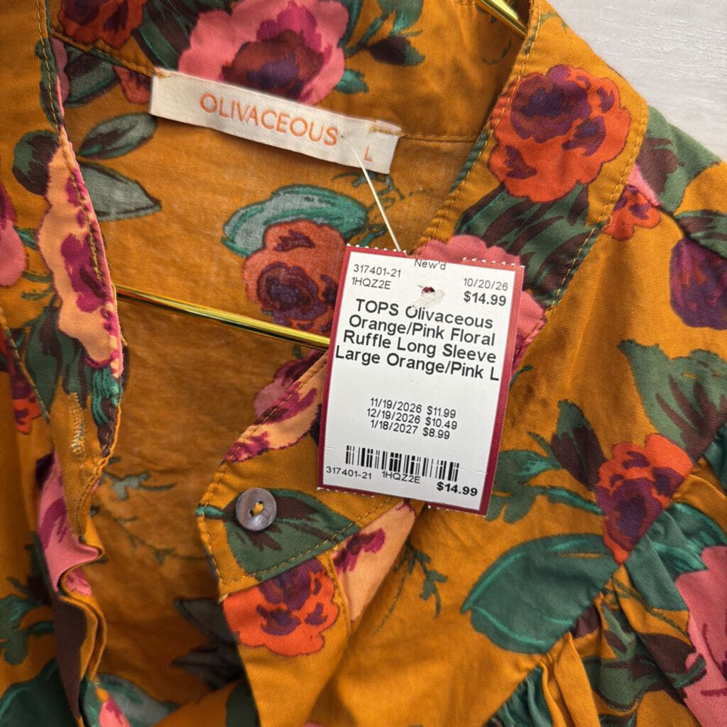 Orange/Pink Floral Ruffle Long Sleeve Large