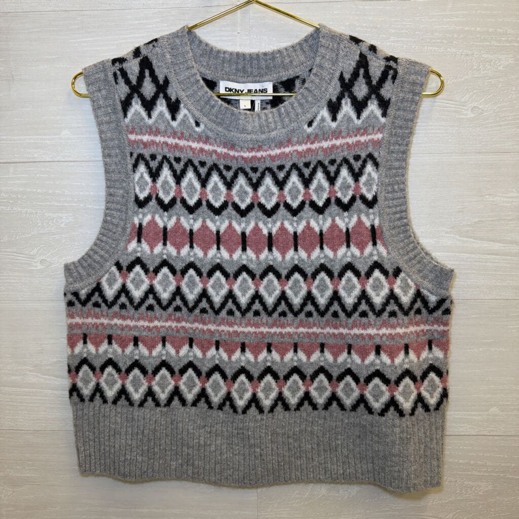 DKNY Jeans Grey/Pink Knit Sleeveless Sweater Large