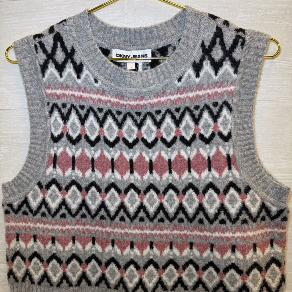 DKNY Jeans Grey/Pink Knit Sleeveless Sweater Large