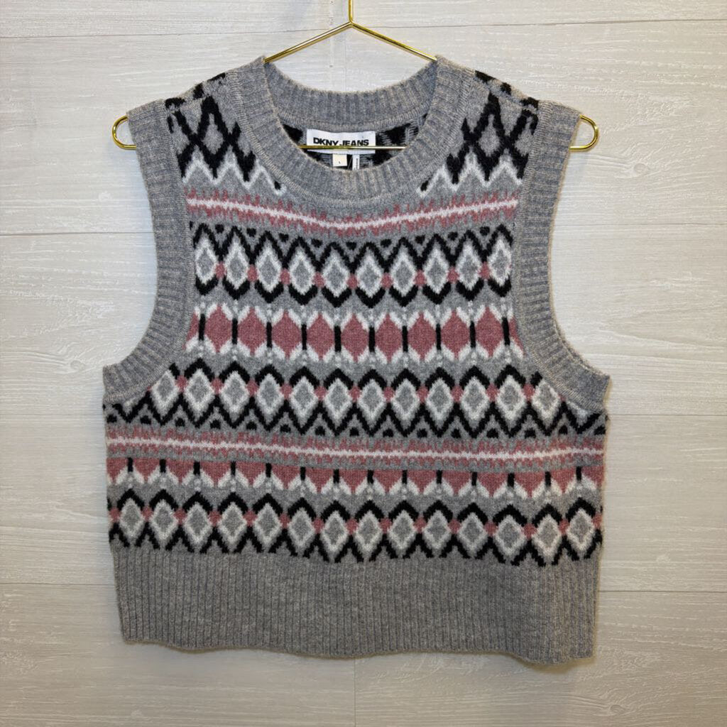 DKNY Jeans Grey/Pink Knit Sleeveless Sweater Large