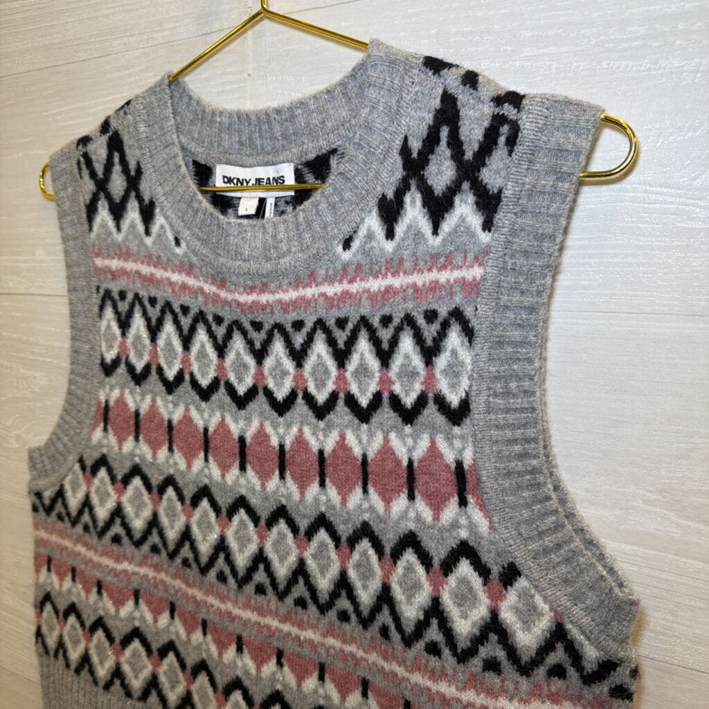 DKNY Jeans Grey/Pink Knit Sleeveless Sweater Large