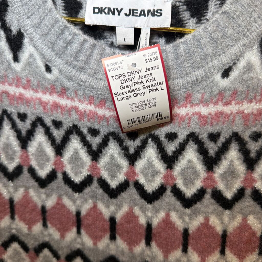 DKNY Jeans Grey/Pink Knit Sleeveless Sweater Large
