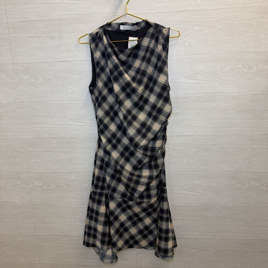 Bishop+Young Navy/Cream Plaid Draped Ruched Midi Dress Large