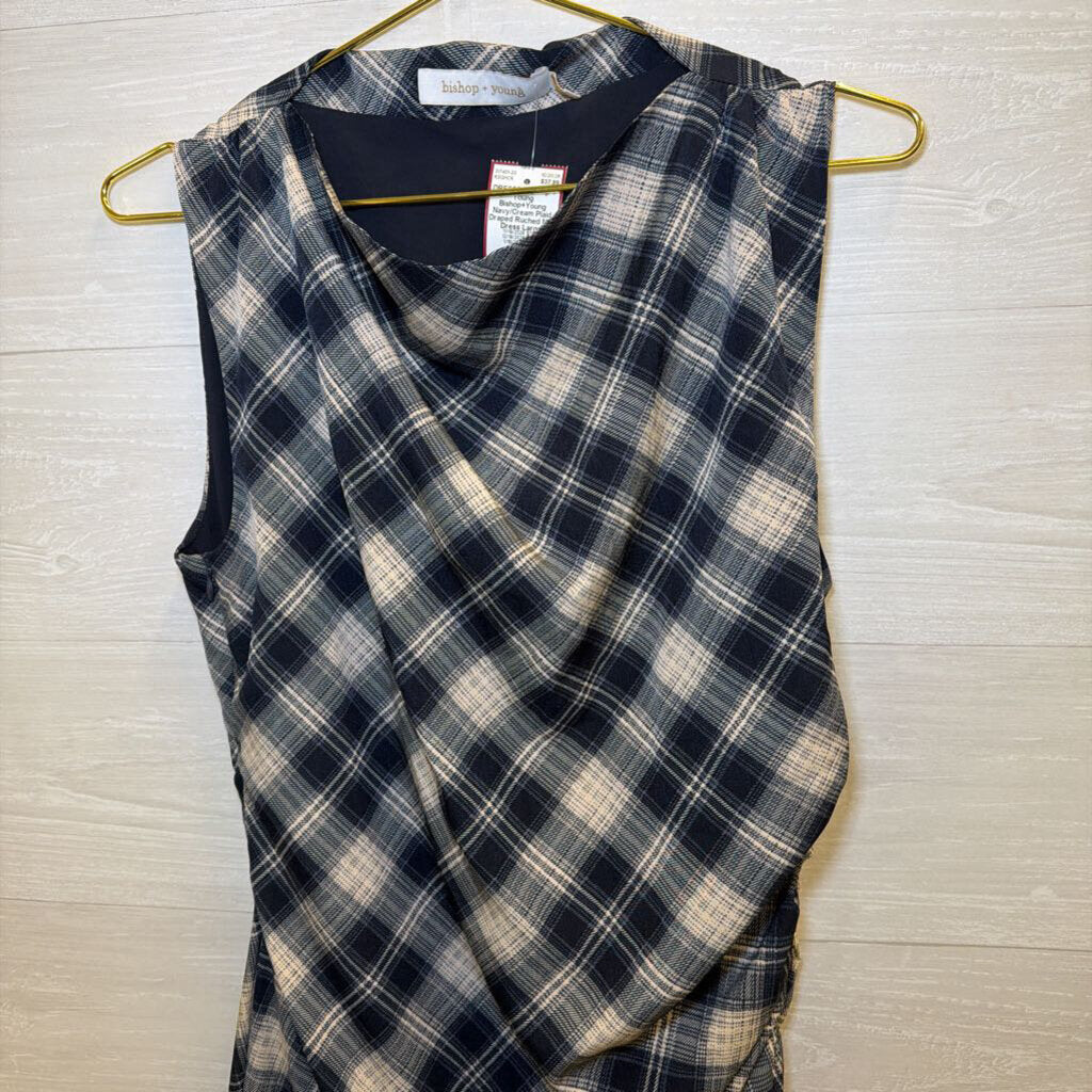 Bishop+Young Navy/Cream Plaid Draped Ruched Midi Dress Large