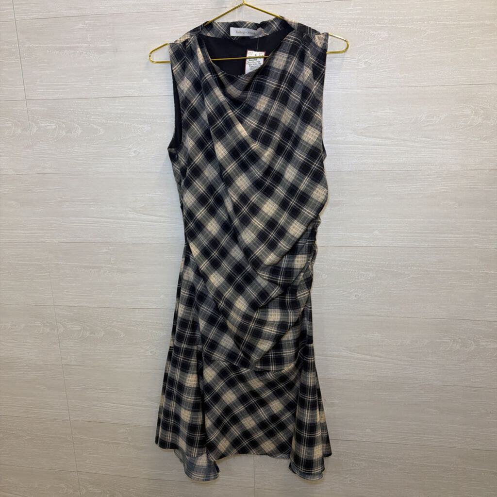 Bishop+Young Navy/Cream Plaid Draped Ruched Midi Dress Large