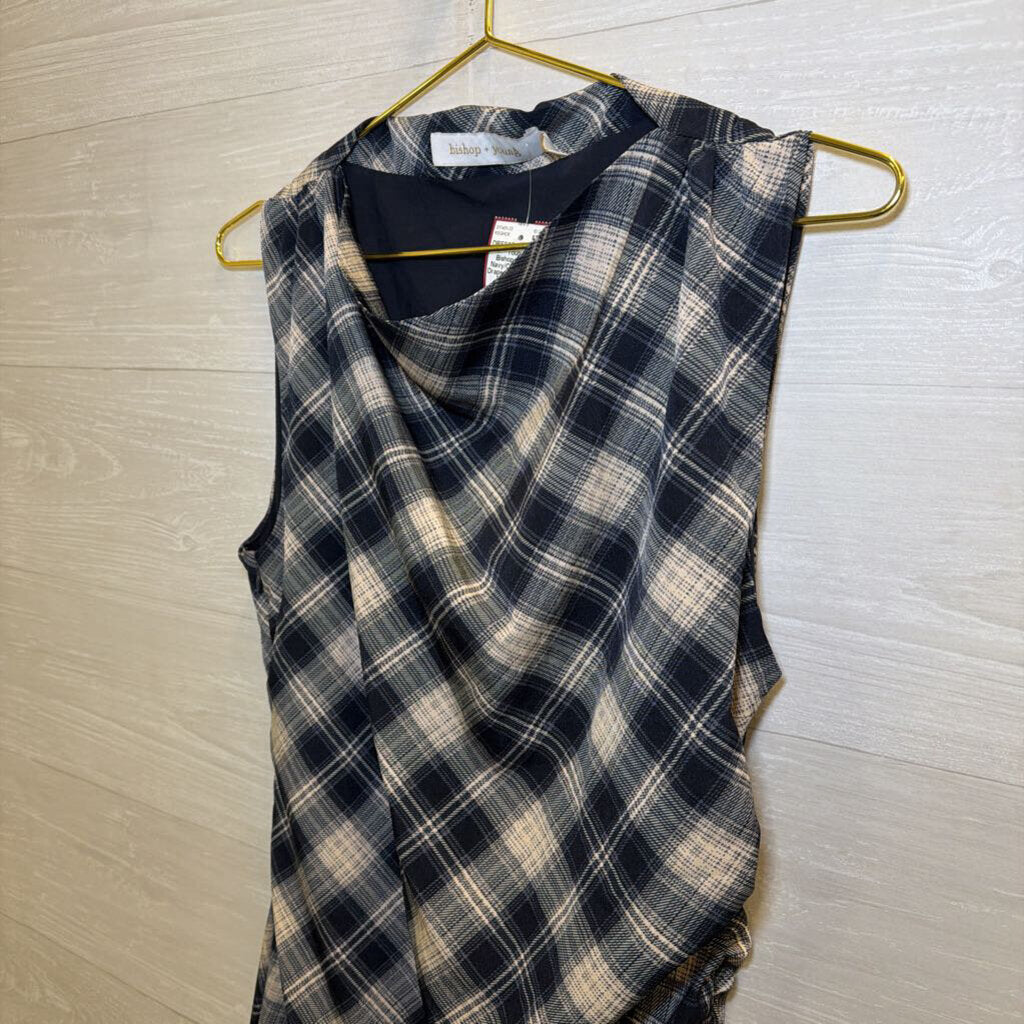 Bishop+Young Navy/Cream Plaid Draped Ruched Midi Dress Large