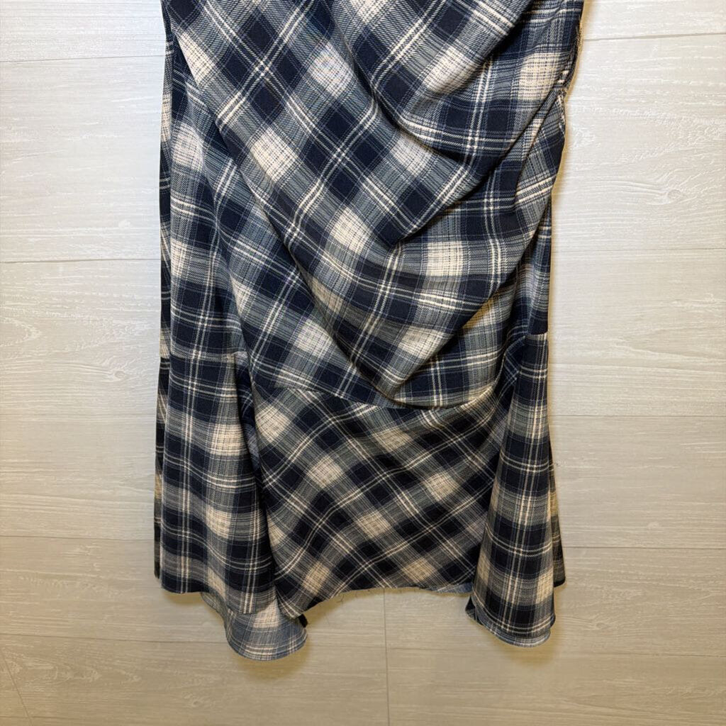 Bishop+Young Navy/Cream Plaid Draped Ruched Midi Dress Large
