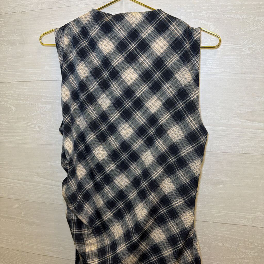 Bishop+Young Navy/Cream Plaid Draped Ruched Midi Dress Large