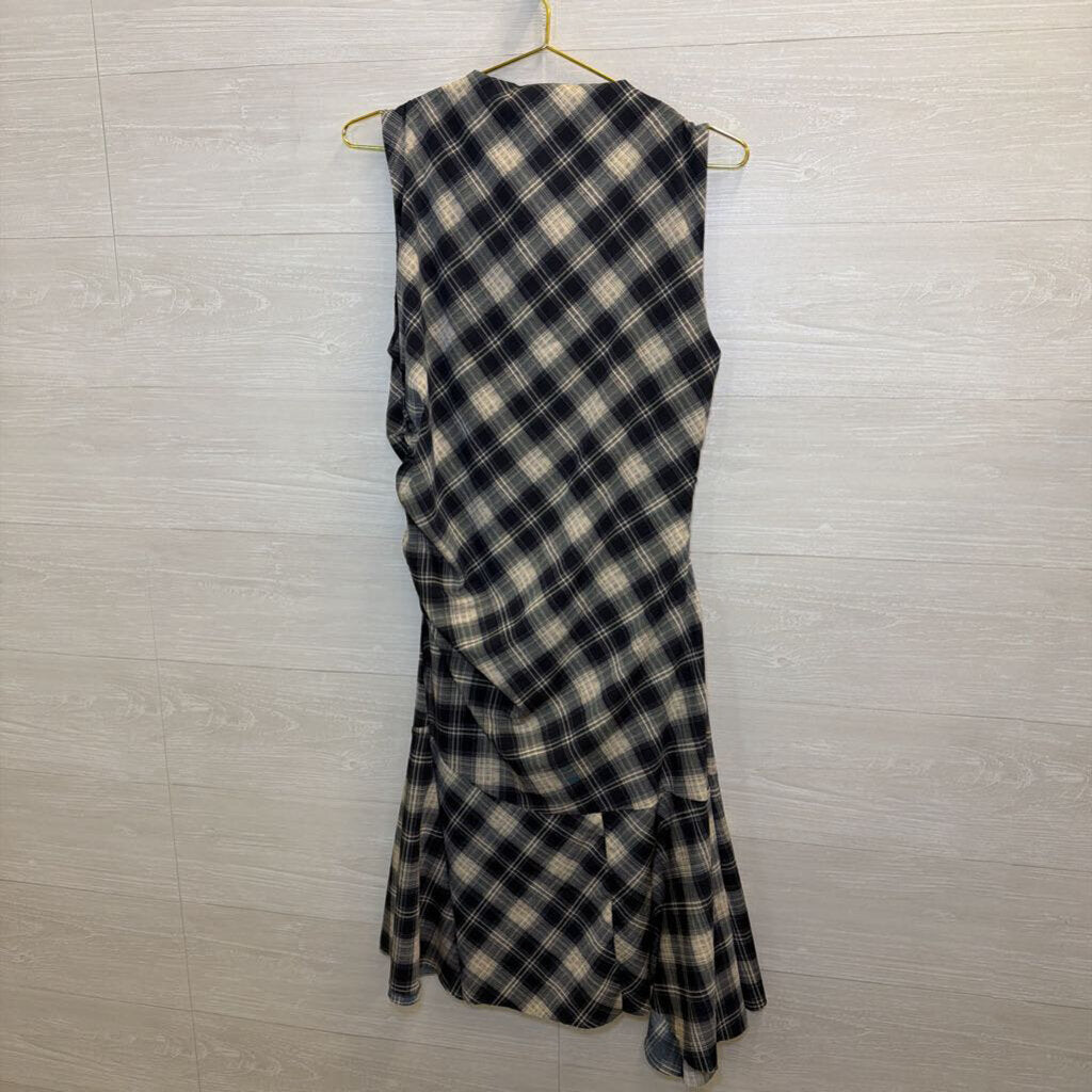 Bishop+Young Navy/Cream Plaid Draped Ruched Midi Dress Large