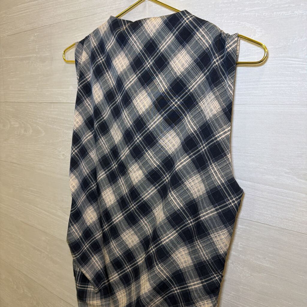 Bishop+Young Navy/Cream Plaid Draped Ruched Midi Dress Large