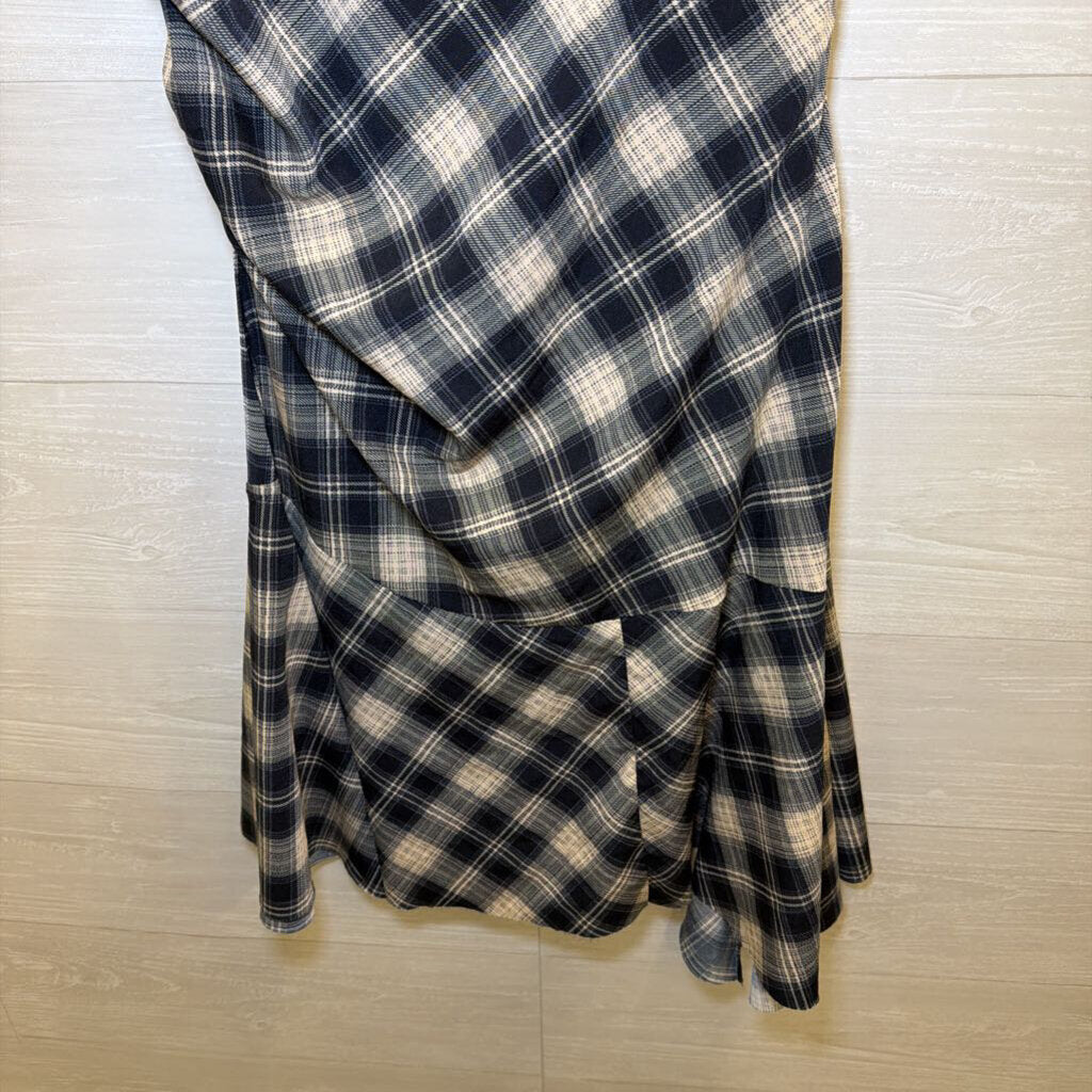Bishop+Young Navy/Cream Plaid Draped Ruched Midi Dress Large