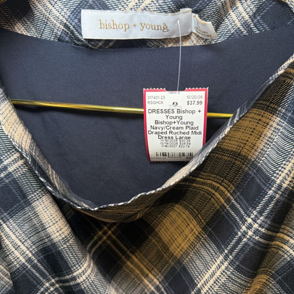 Bishop+Young Navy/Cream Plaid Draped Ruched Midi Dress Large