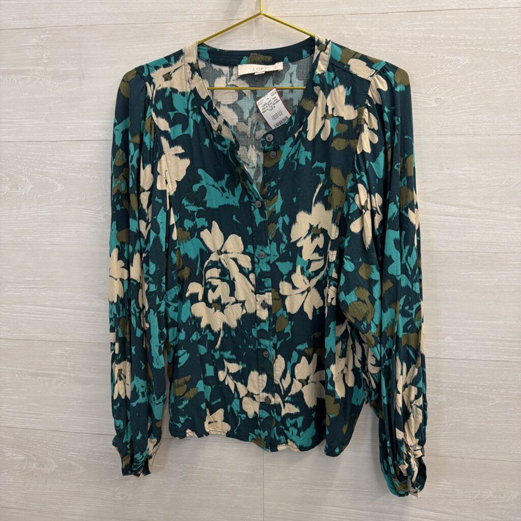 Teal Floral Print Long Sleeve Top Medium
