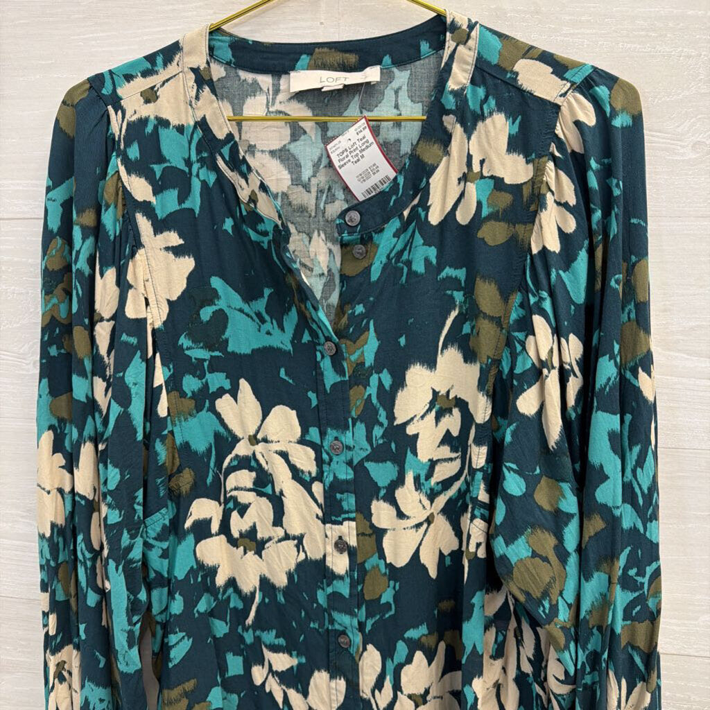 Teal Floral Print Long Sleeve Top Medium