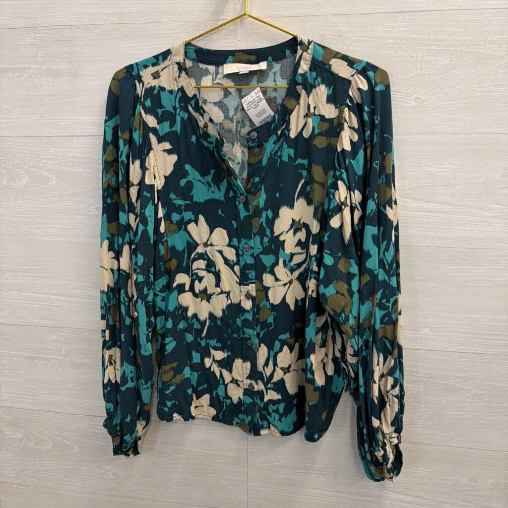 Teal Floral Print Long Sleeve Top Medium