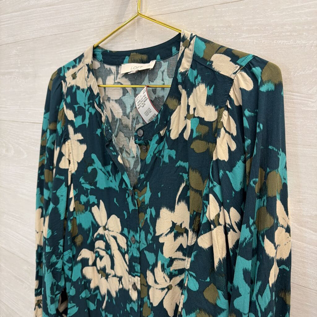 Teal Floral Print Long Sleeve Top Medium
