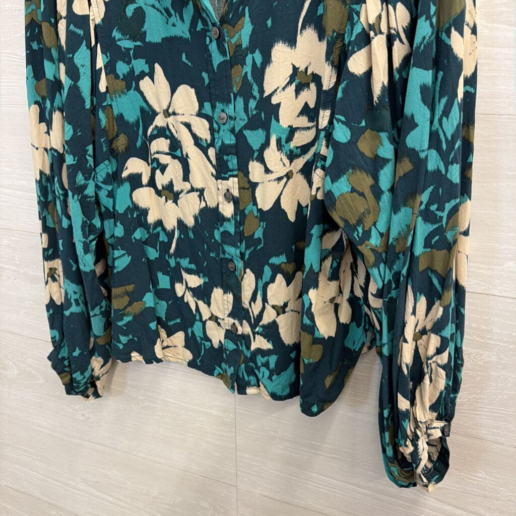 Teal Floral Print Long Sleeve Top Medium