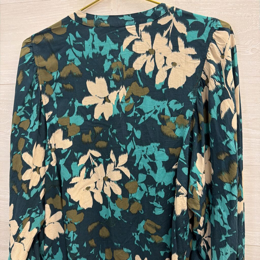 Teal Floral Print Long Sleeve Top Medium