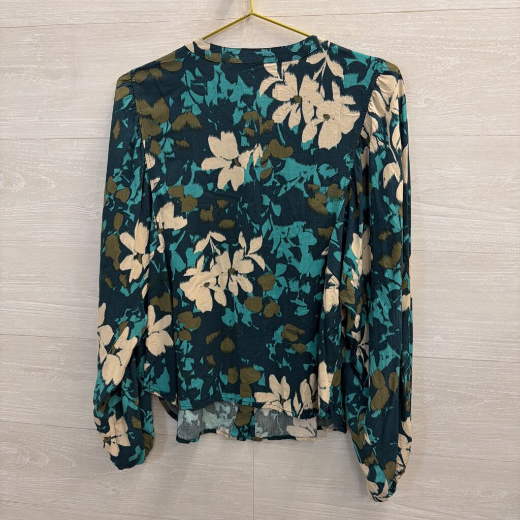 Teal Floral Print Long Sleeve Top Medium