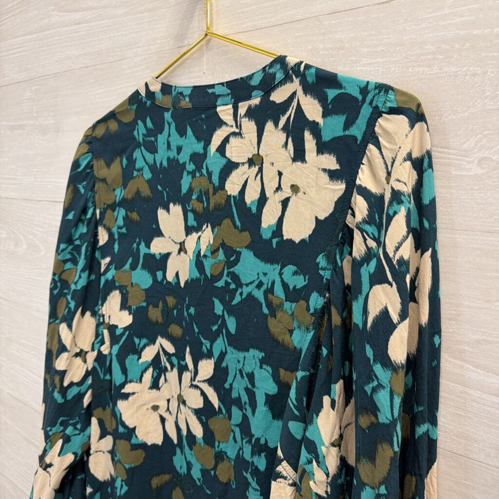 Teal Floral Print Long Sleeve Top Medium