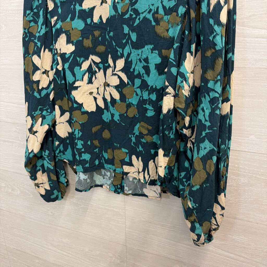 Teal Floral Print Long Sleeve Top Medium