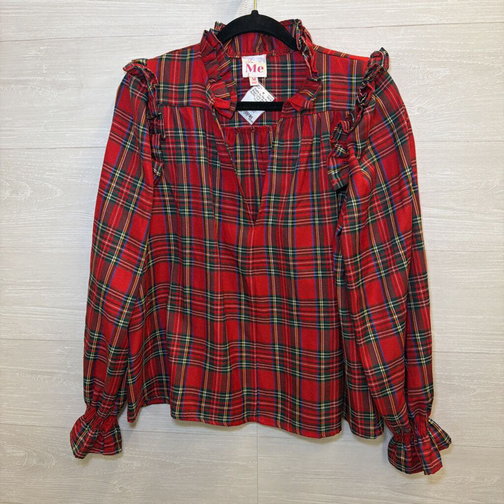 Red Plaid Long Sleeve Ruffle Top Medium