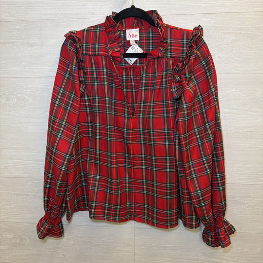 Red Plaid Long Sleeve Ruffle Top Medium