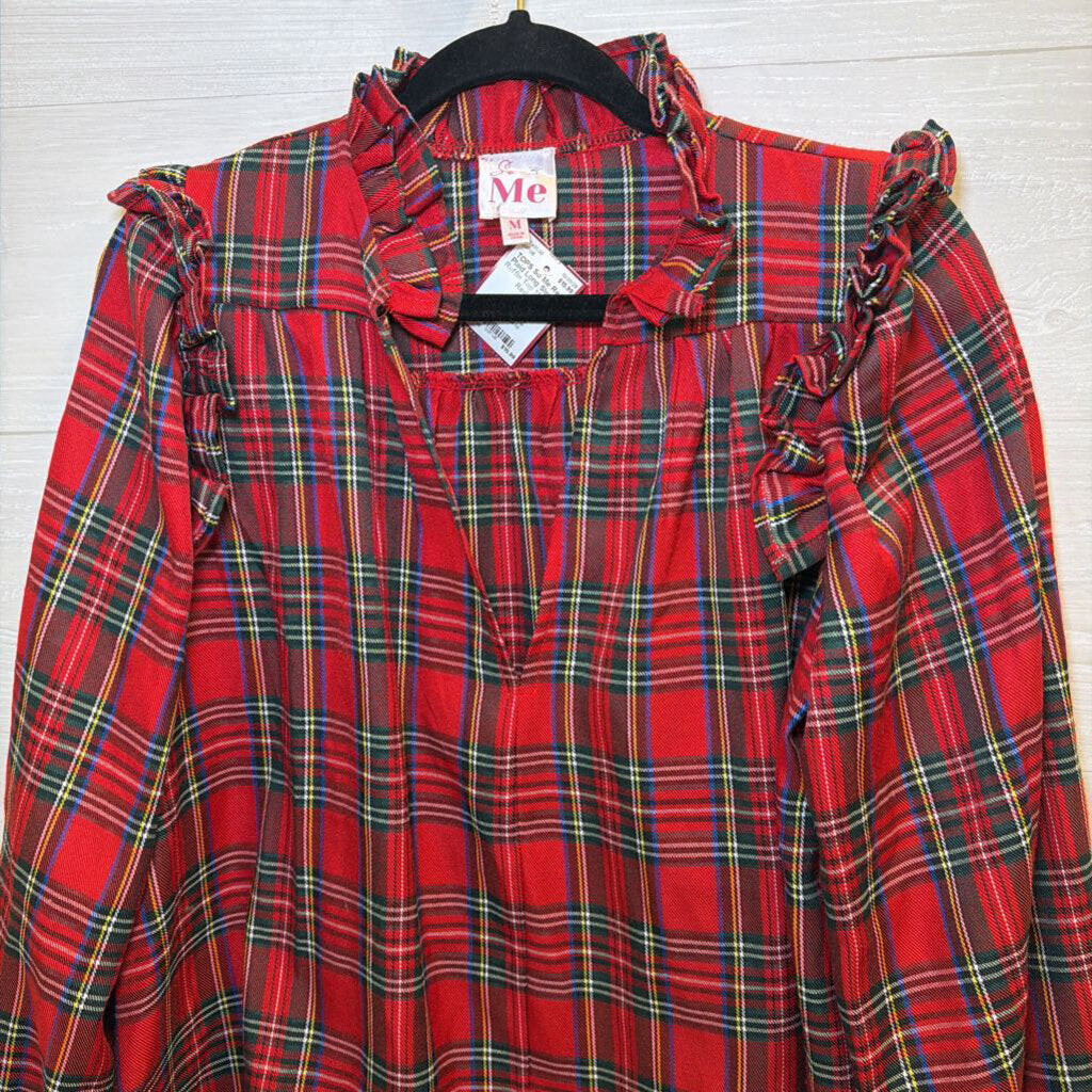 Red Plaid Long Sleeve Ruffle Top Medium