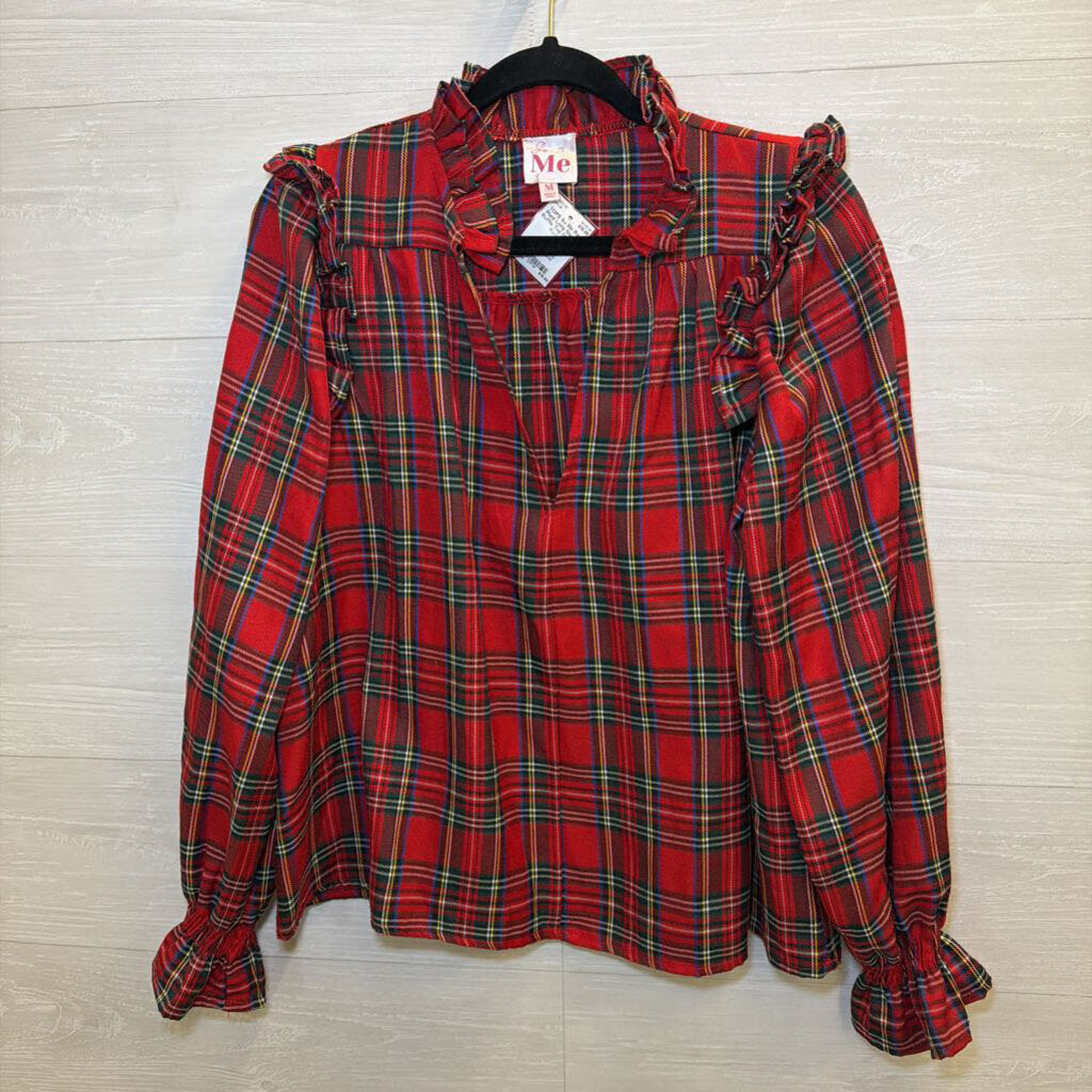 Red Plaid Long Sleeve Ruffle Top Medium