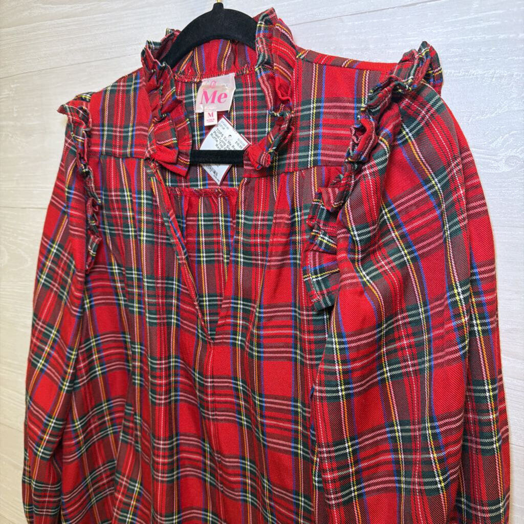 Red Plaid Long Sleeve Ruffle Top Medium