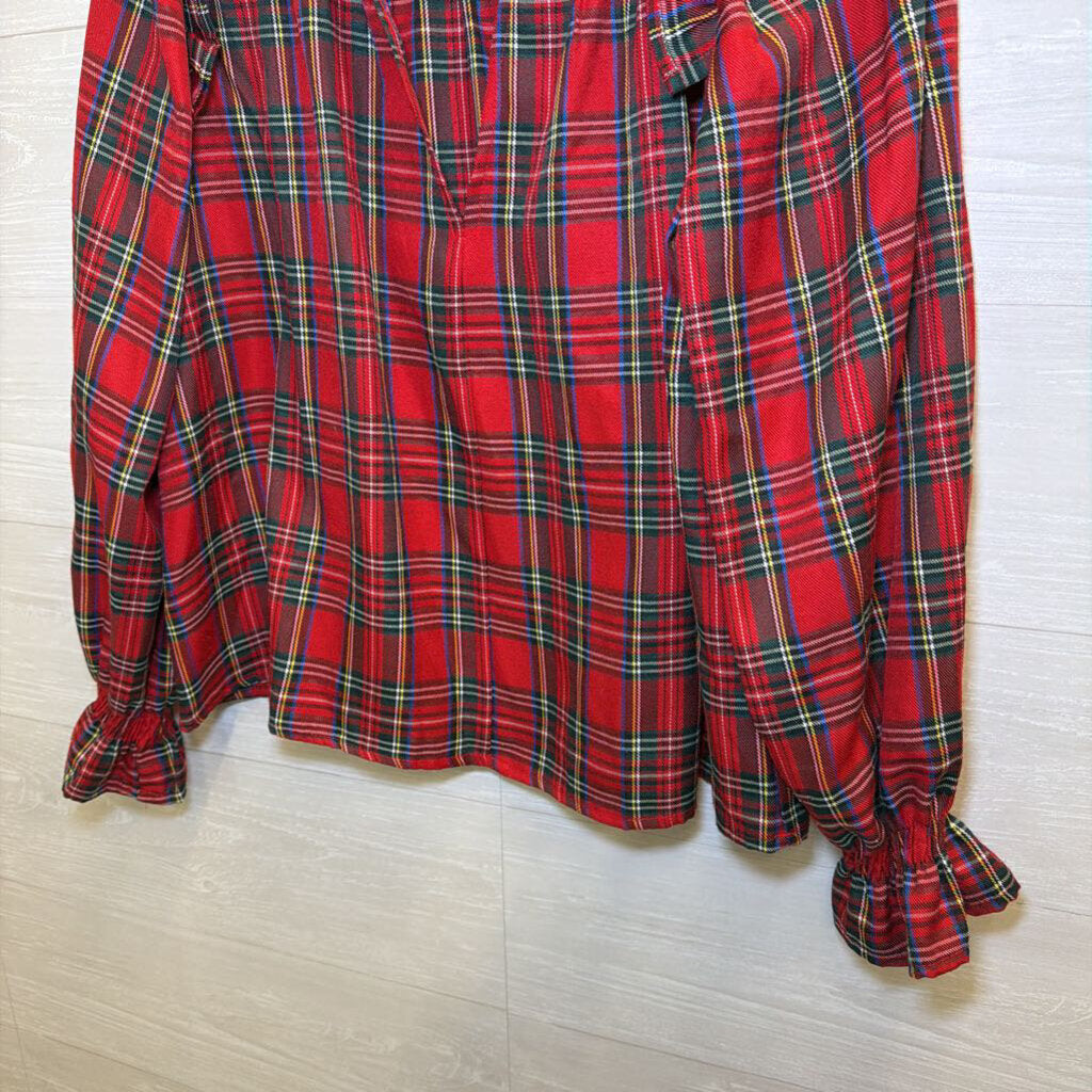 Red Plaid Long Sleeve Ruffle Top Medium