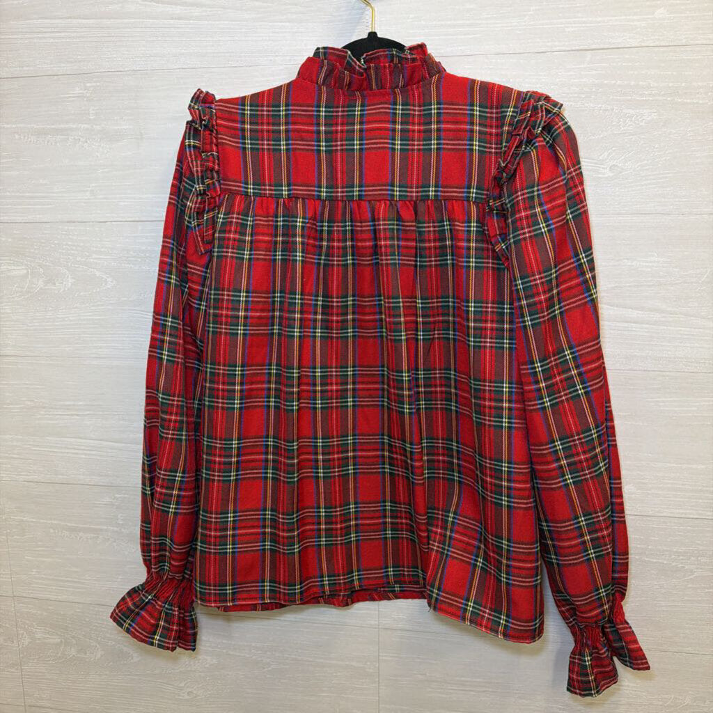 Red Plaid Long Sleeve Ruffle Top Medium