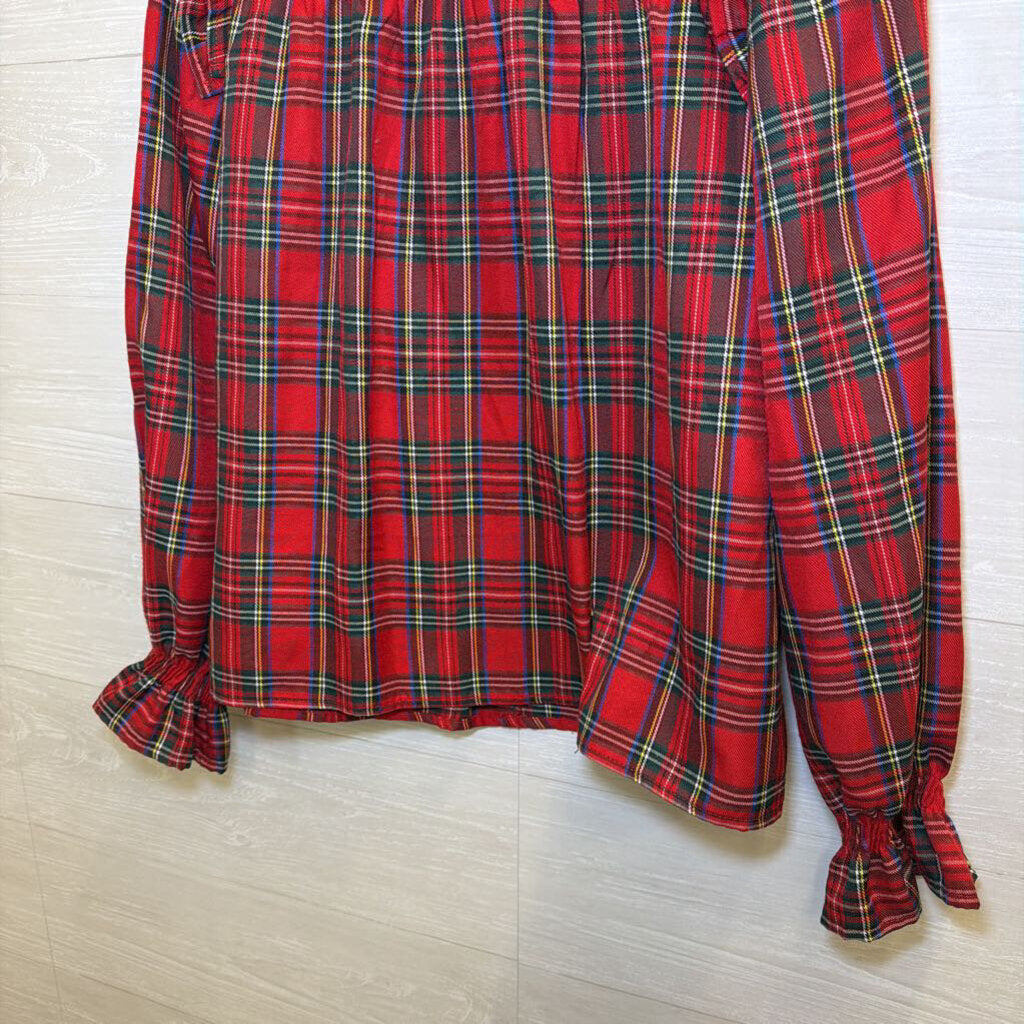 Red Plaid Long Sleeve Ruffle Top Medium