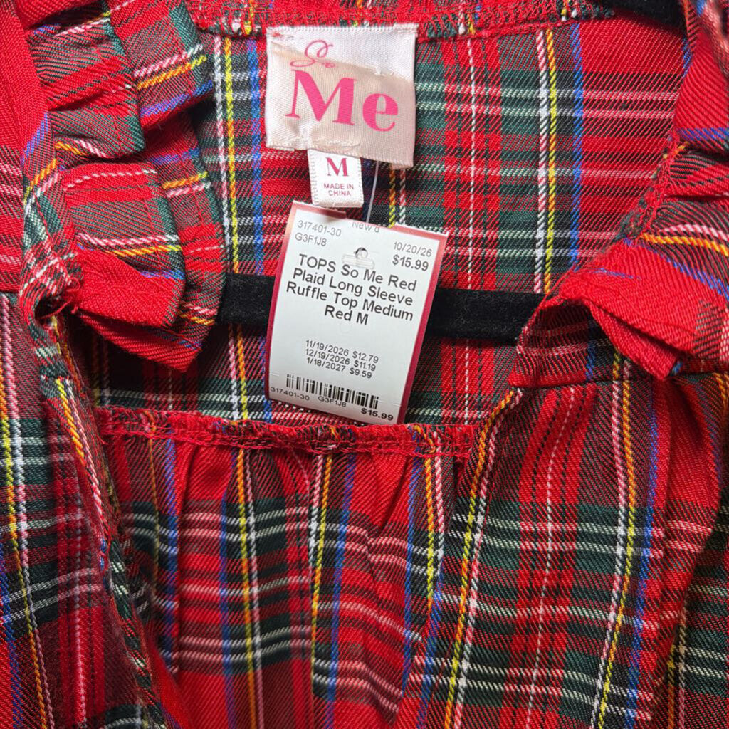 Red Plaid Long Sleeve Ruffle Top Medium