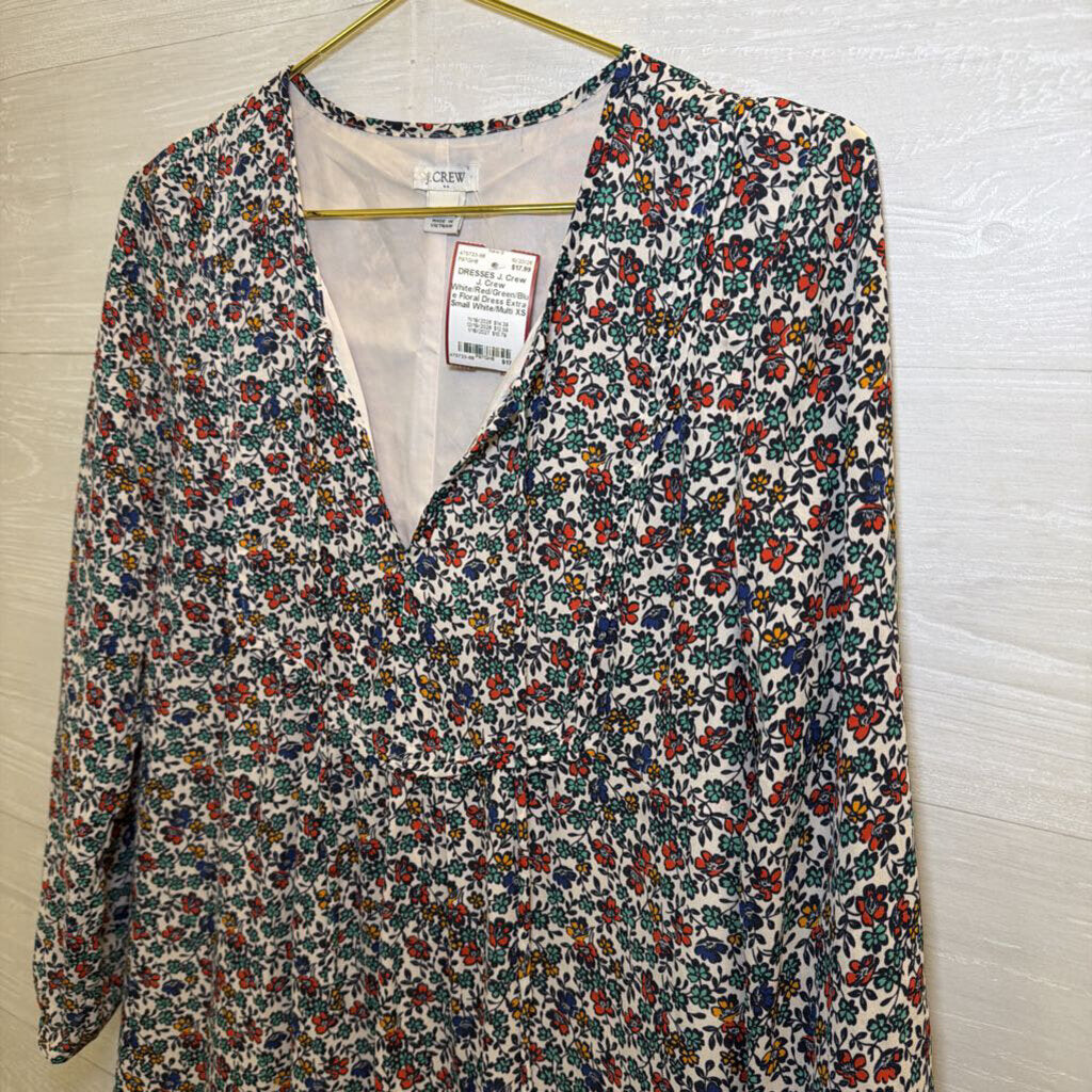 J. Crew White/Red/Green/Blue Floral Dress Extra Small