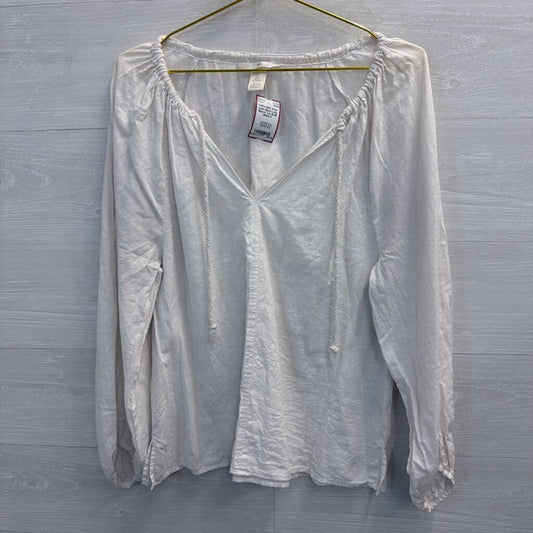 White Linen Blend Long Sleeve Top Small